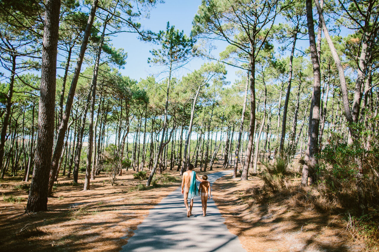 Naturistes marchant chemin forestier au camping LIBRANOO Naturiste Arnaoutchot, Landes, France.