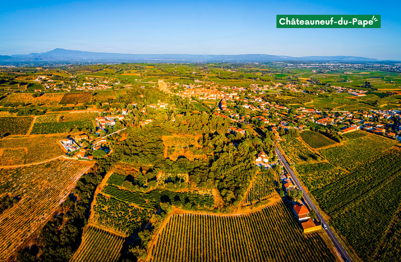 Village de Ch�teauneuf-du-Pape et ses c�l�bres vignobles, vue a�rienne en Provence.