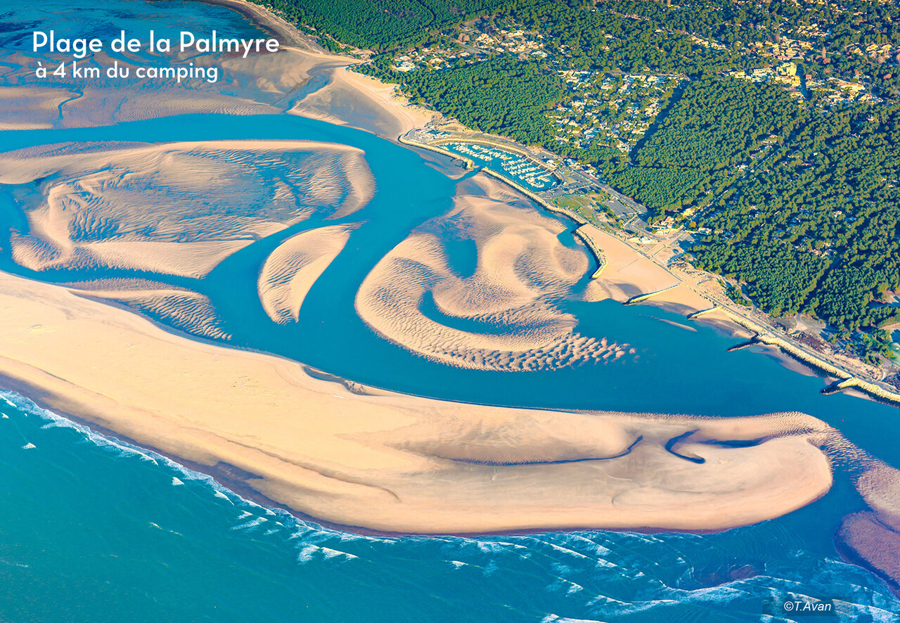 Plage de la Palmyre, vue a�rienne avec bancs de sable et oc�an Atlantique.