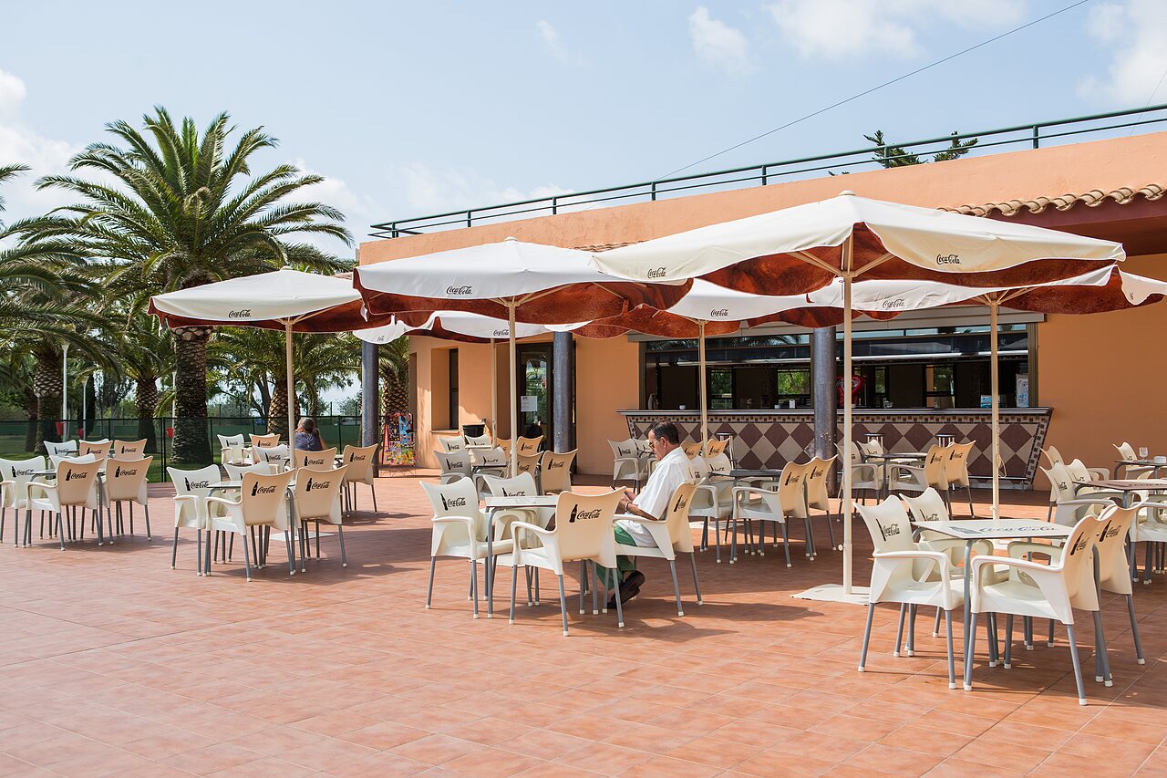 Terrasse de restaurant-bar ext�rieure avec tables, parasols et palmiers au camping CAPFUN Aube � Deltebre, Tarragone (43).