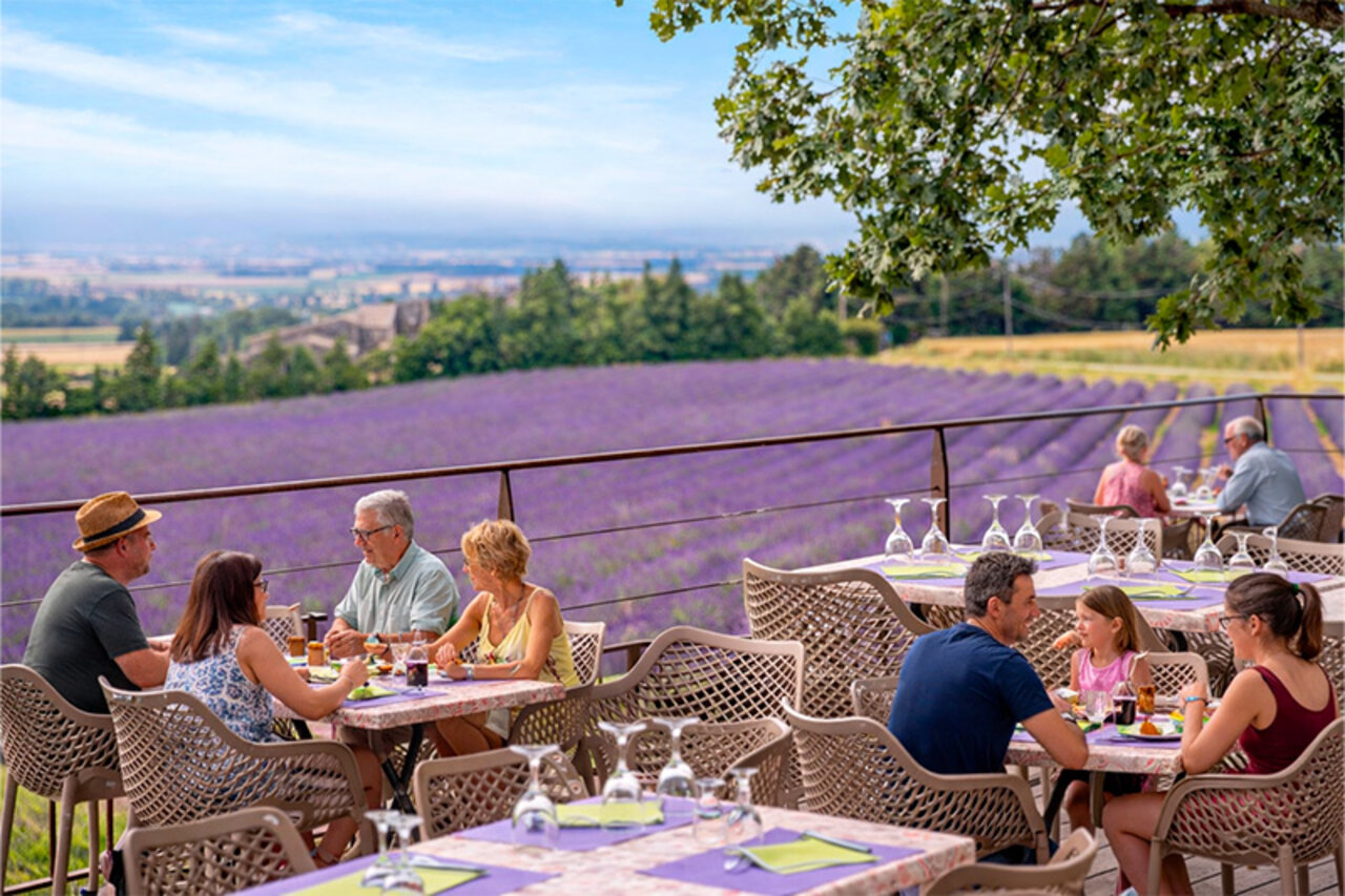 Restaurant en terrasse, vue sur champs de lavande, camping CLICOCHIC Bastets � Marsanne.