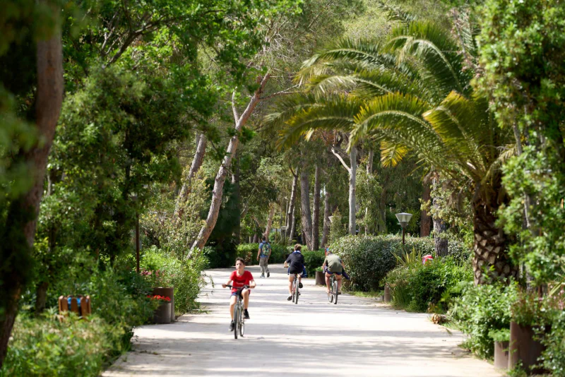 Cyclistes sur chemin bois� au camping CAPFUN Campo dei Fiori � Rosignano Marittimo.