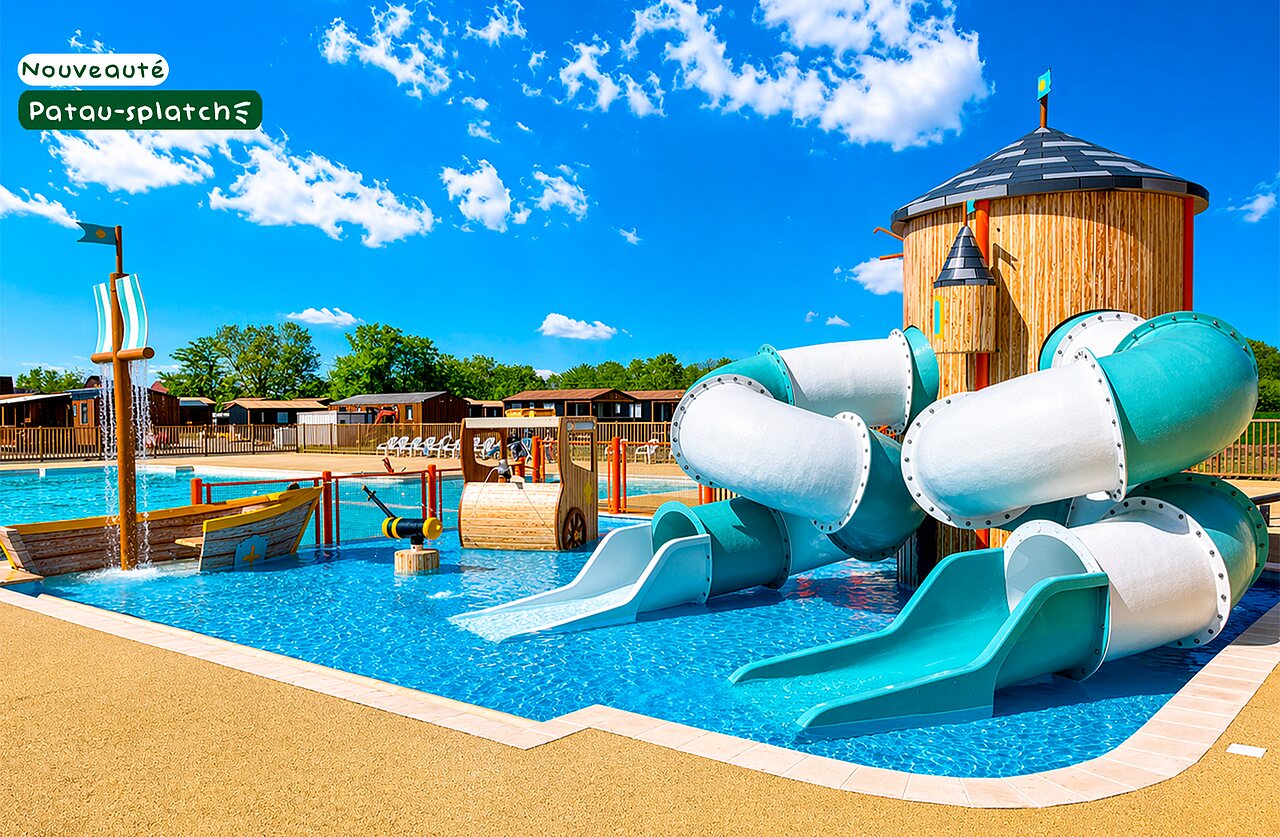 Toboggans aquatiques, jeux d'eau Patau-splatch au camping CLICOCHIC Au Clair Ruisseau (67).