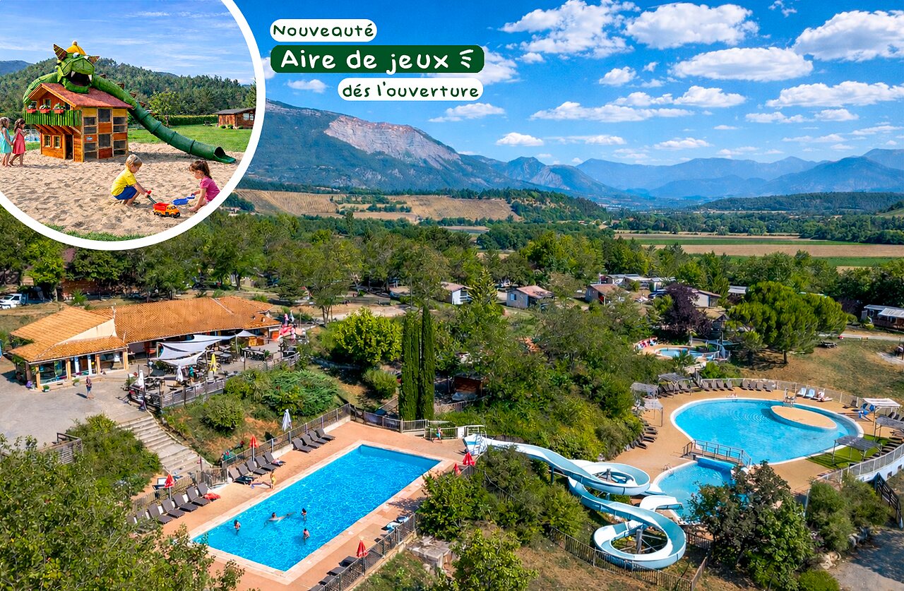 Piscines, toboggans, aire de jeux au camping CLICOCHIC Couriou (26).