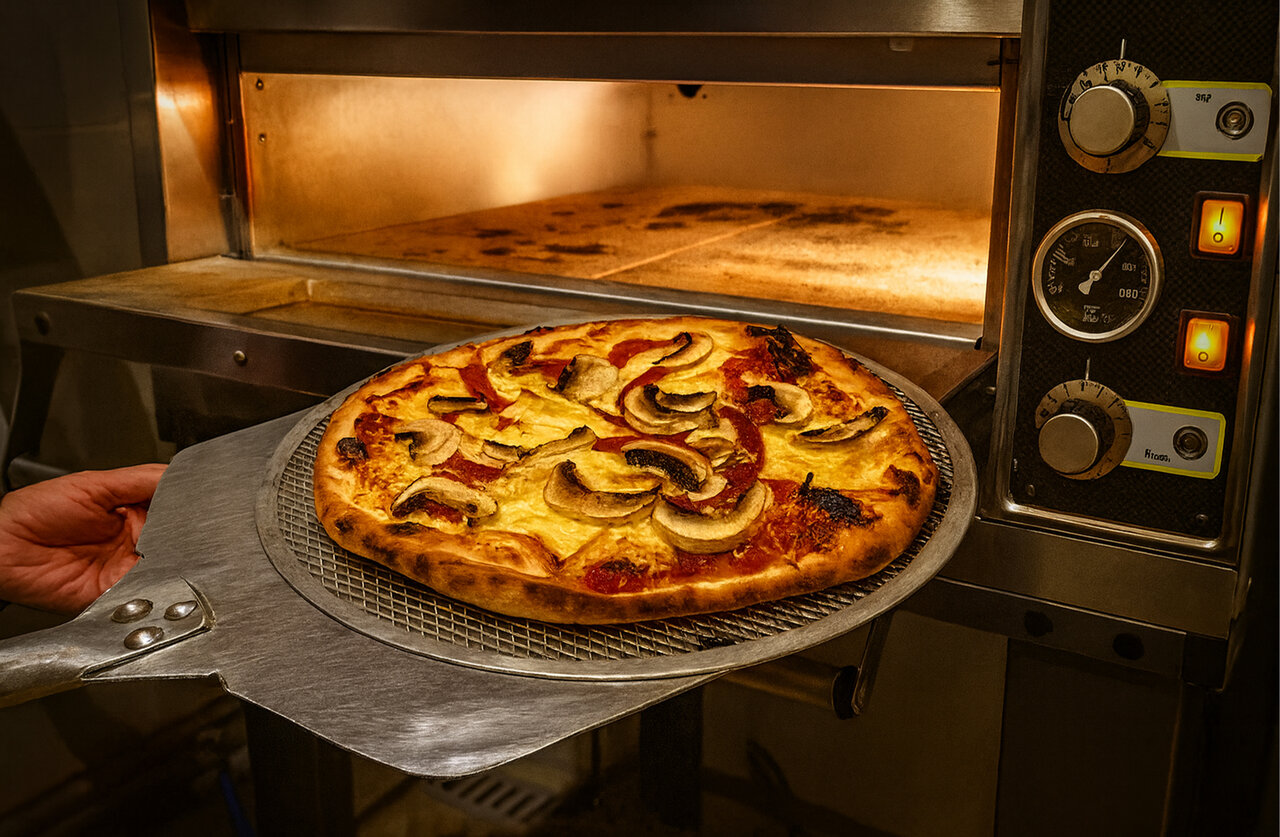 Pizza aux champignons et fromage sortant du four au camping CLICOCHIC Couteli�re � Lagnes (84).