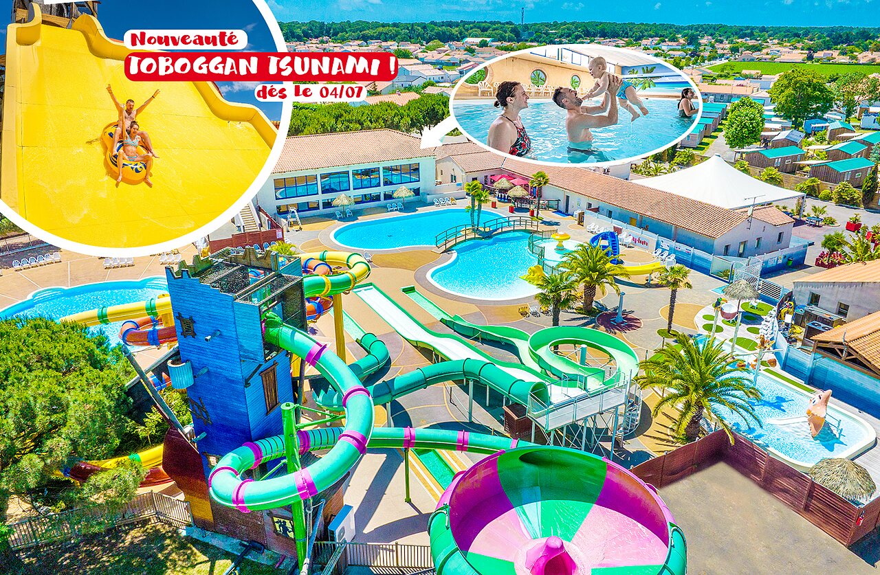 Parc aquatique avec toboggans g�ants et piscines au camping CAPFUN Curty's � Jard sur Mer (85).