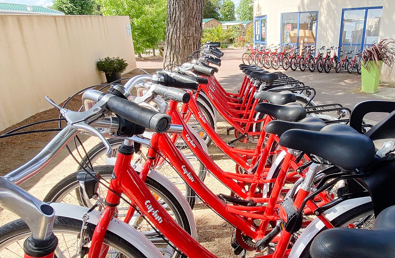 V�los rouges disponibles � la location au camping CAPFUN Curty's � Jard sur Mer (85).