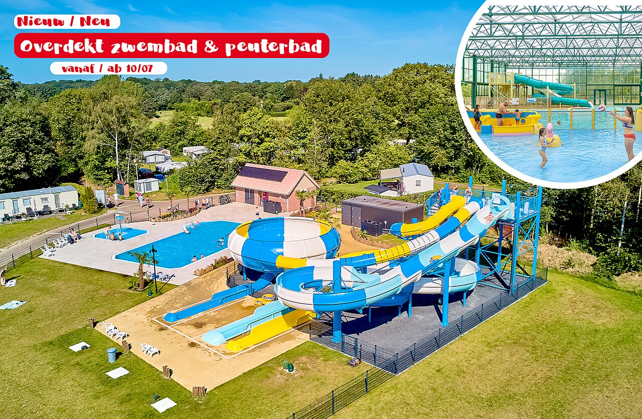 Waterglijbanen, buiten- en overdekt zwembad bij CAPFUN De Eikenhof Paasloo/Oldemarkt.