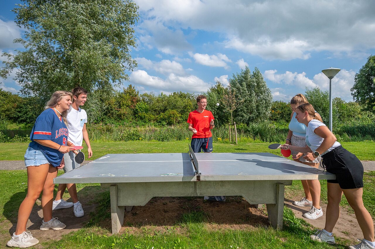 Partie de tennis de table ext�rieure avec jeunes au camping CAPFUN De Rotonde � Enspijk.