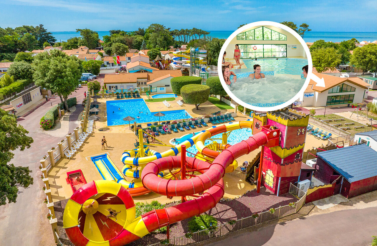 Toboggans aquatiques g�ants, piscines ext�rieures et int�rieures au camping CAPFUN Ecureuils � JARD SUR MER (85).