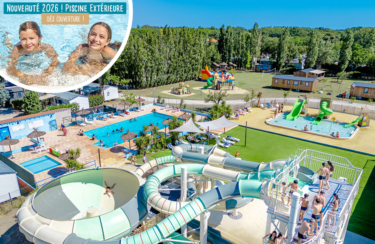 Toboggans, piscine ext�rieure au camping VAGUES OCEANES Au Flamenco � Argel�s-sur-Mer (66).