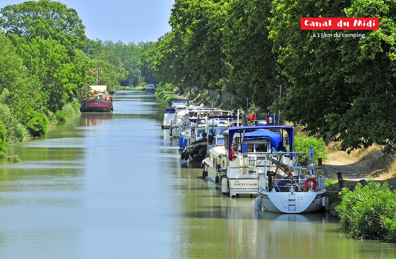 Canal du Midi, p�niches amarr�es, arbres verdoyants, pr�s de S�rignan, Occitanie.
