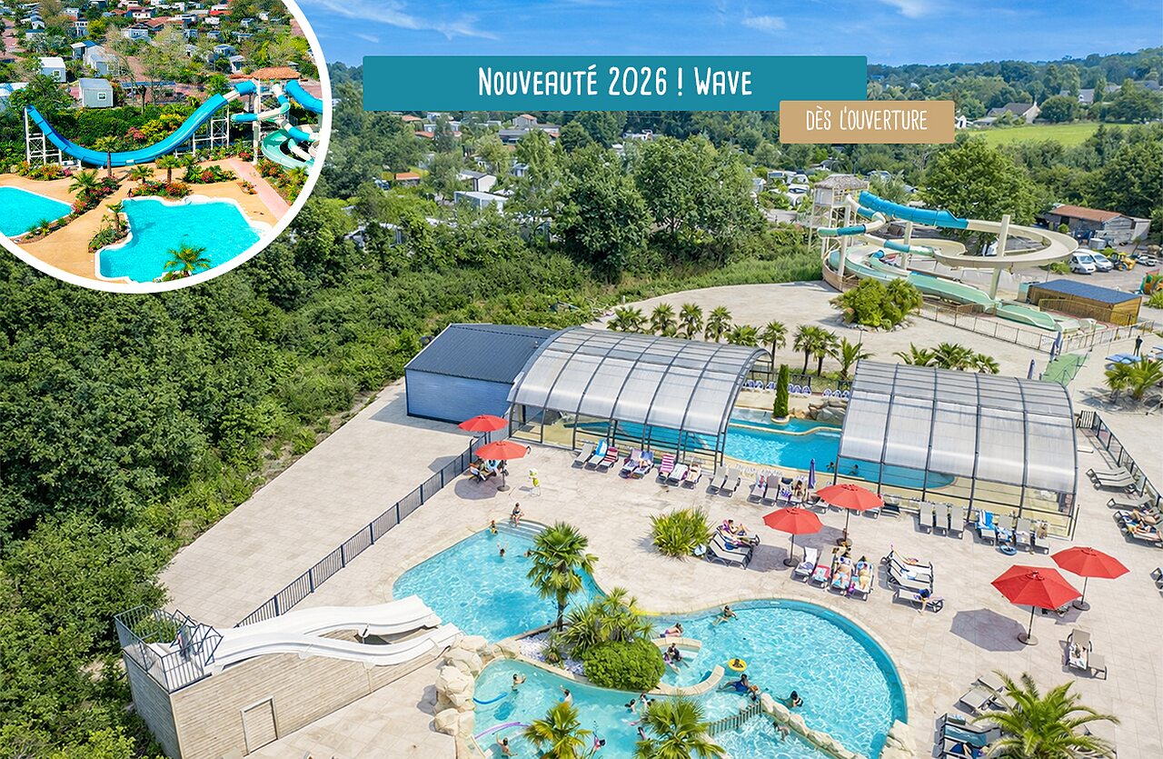 Parc aquatique, piscines, toboggans, espace couvert au camping VAGUES OCEANES Les Iles.