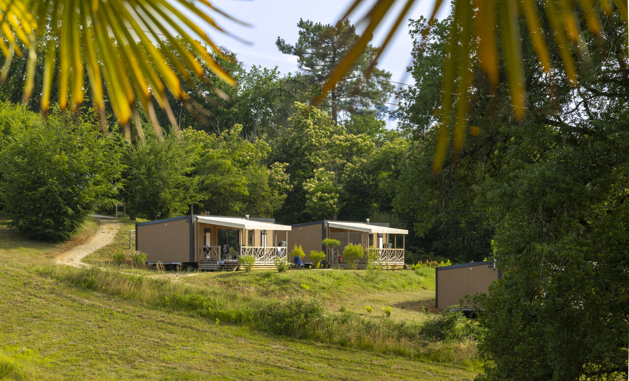 Mobile homes modernes avec terrasses en pleine nature au camping CLICOCHIC Linotte � Le Bugue (24).