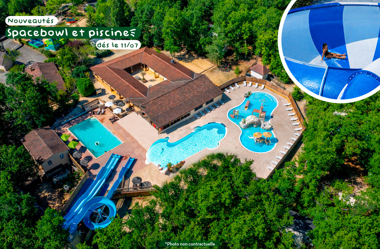 Complexe aquatique avec spacebowl, toboggans et piscines au camping CLICOCHIC Lou Castel � Castelnaud-la-Chapelle (24).