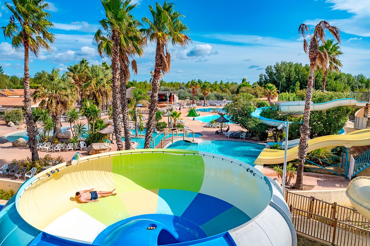Piscines ext�rieures, toboggans aquatiques et palmiers au camping CAPFUN Lou Village � Vendres (34).