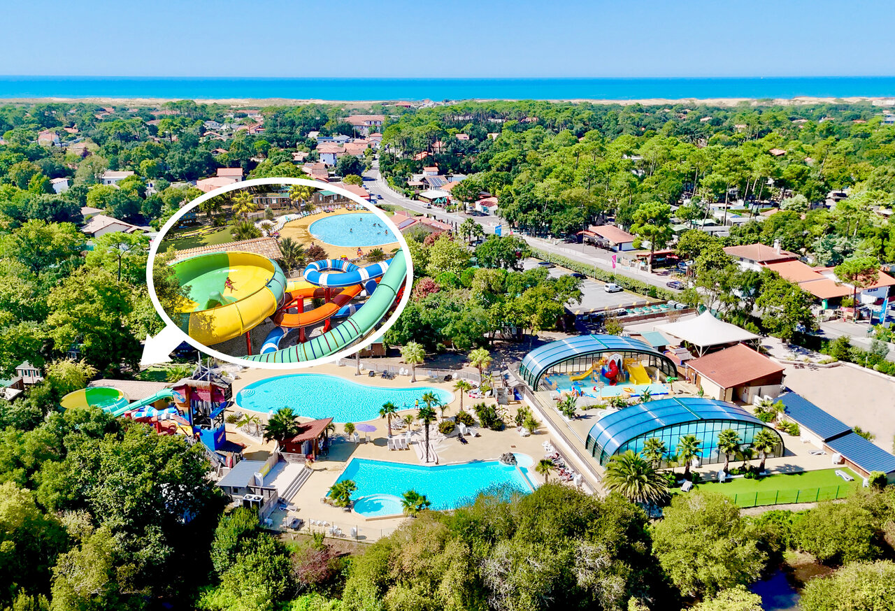 Toboggans aquatiques et piscines ext�rieures avec d�me au camping CAPFUN Mer � Labenne-Oc�an (40).