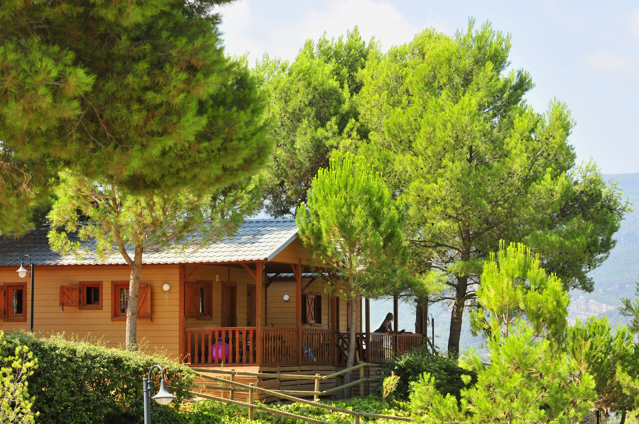 Mobil-home en bois avec terrasse, arbres, au camping CAPFUN Montblanc Park � Montblanc (43).