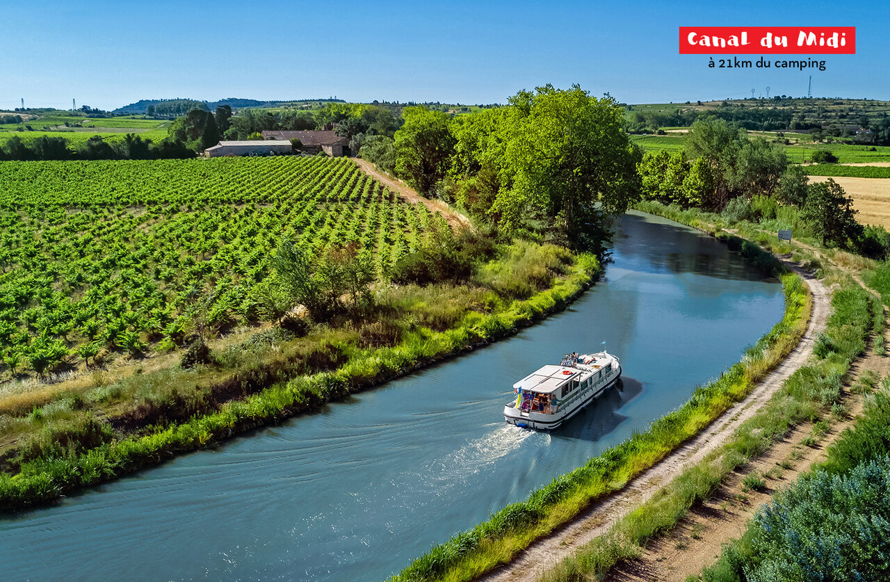 Bateau naviguant sur le Canal du Midi, entour� de vignobles et nature luxuriante.