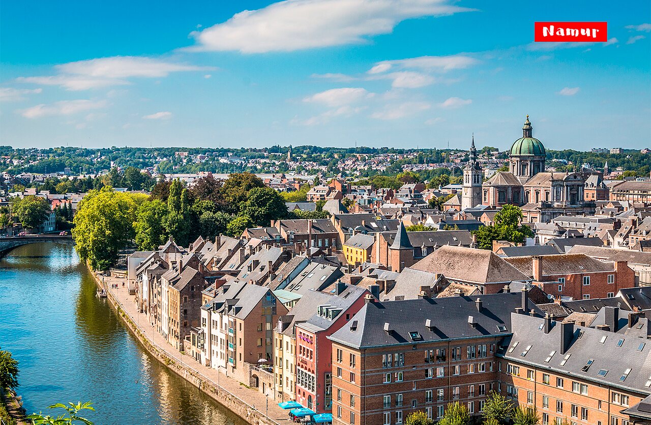 Panoramic view of Namur city, Belgium, with the Sambre river and cathedral.