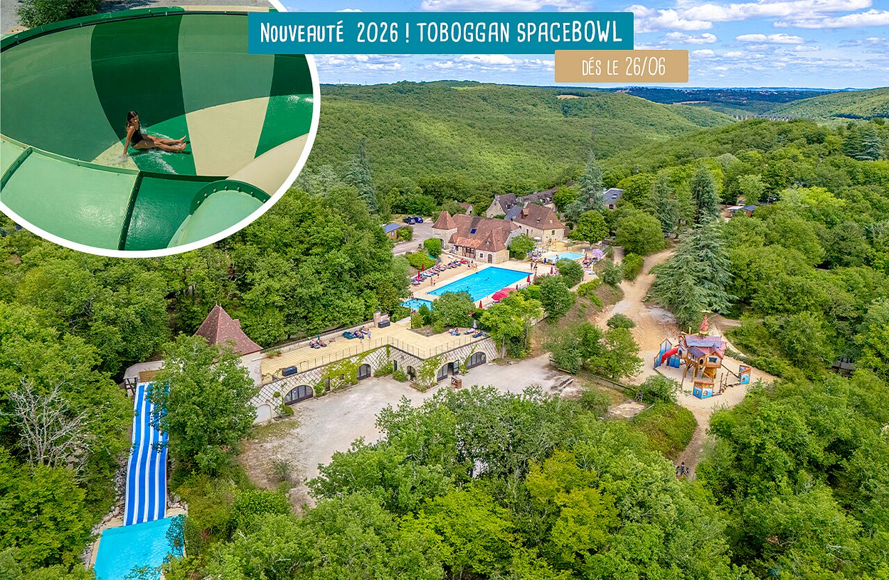 Toboggan Spacebowl et piscines au camping VAGUES OCEANES Paille Basse, Souillac (46).