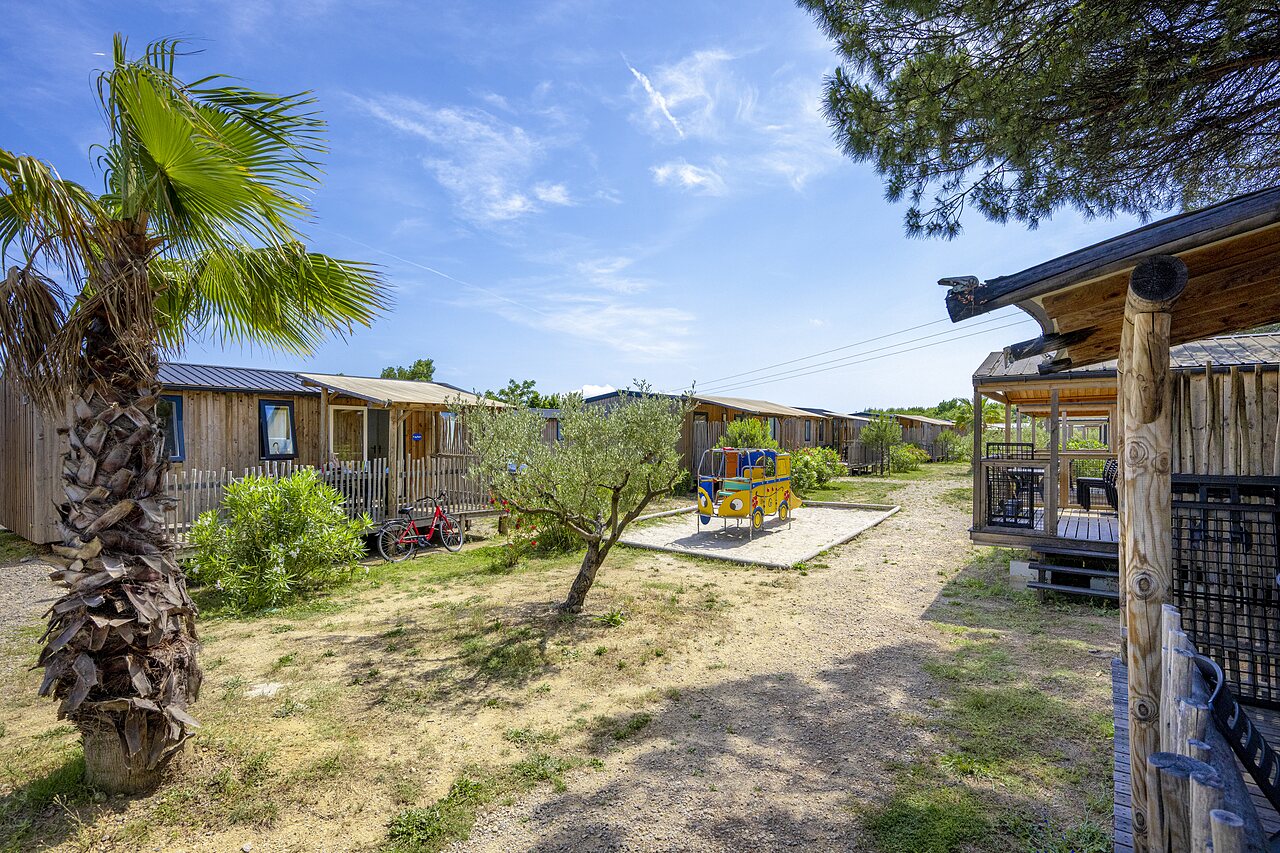 Mobile-homes en bois, aire de jeux et palmiers au camping CAPFUN La Pin�de de Grimaud � Grimaud (83).