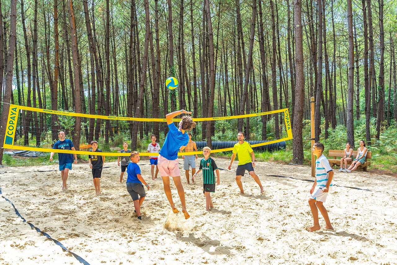Partie de beach-volley sur sable et pins au camping CAPFUN Pomme de Pin � Saubion (40).