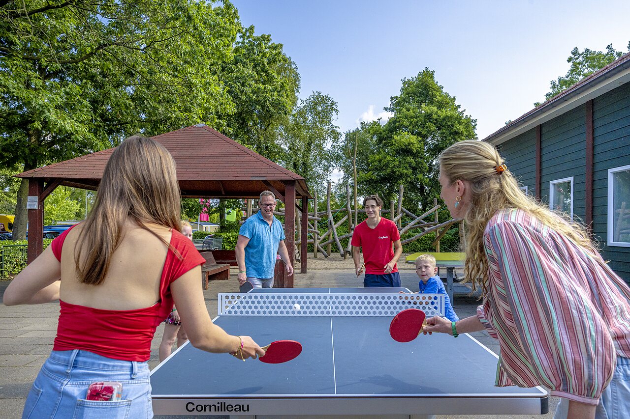 Famille et amis jouant au tennis de table au camping CAPFUN Ponderosa � Ulicoten.