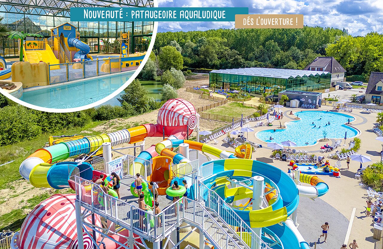 Water park with slides, outdoor pool and paddling pool at VAGUES OCEANES campsite Near La Fontaine in Gouaix (77).