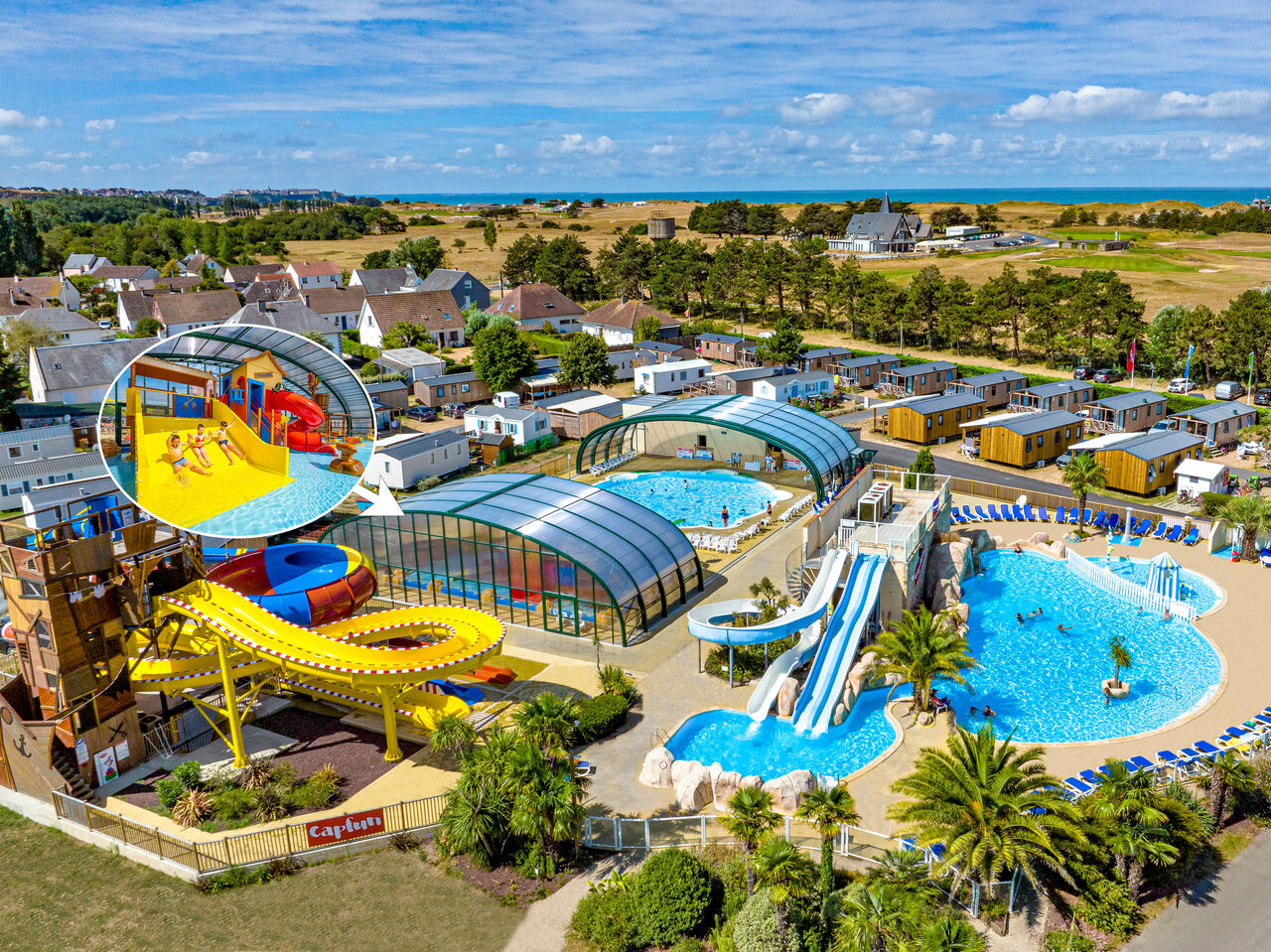 Piscines, toboggans aquatiques et Mobil-homes au camping CAPFUN La Route Blanche � Breville sur Mer (50).