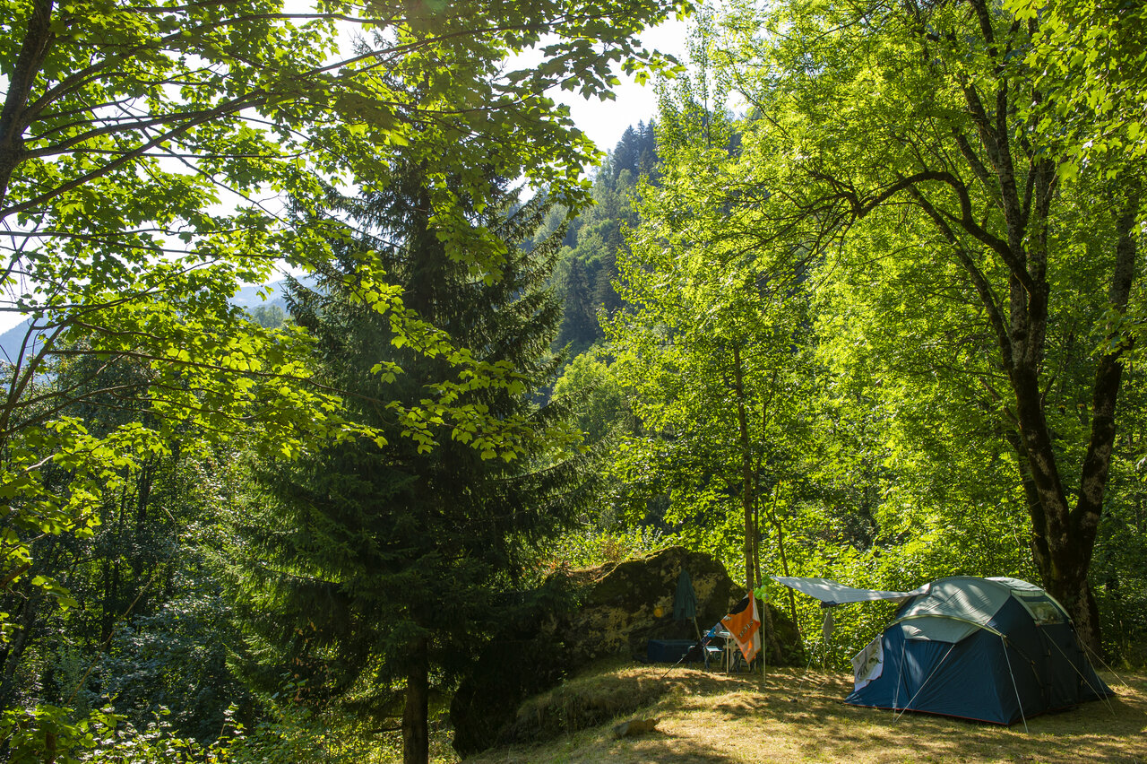 Emplacement de camping ombrag� avec tente sous les arbres au camping CAPFUN Saint Colomban � Saint Colomban des Villards (73).