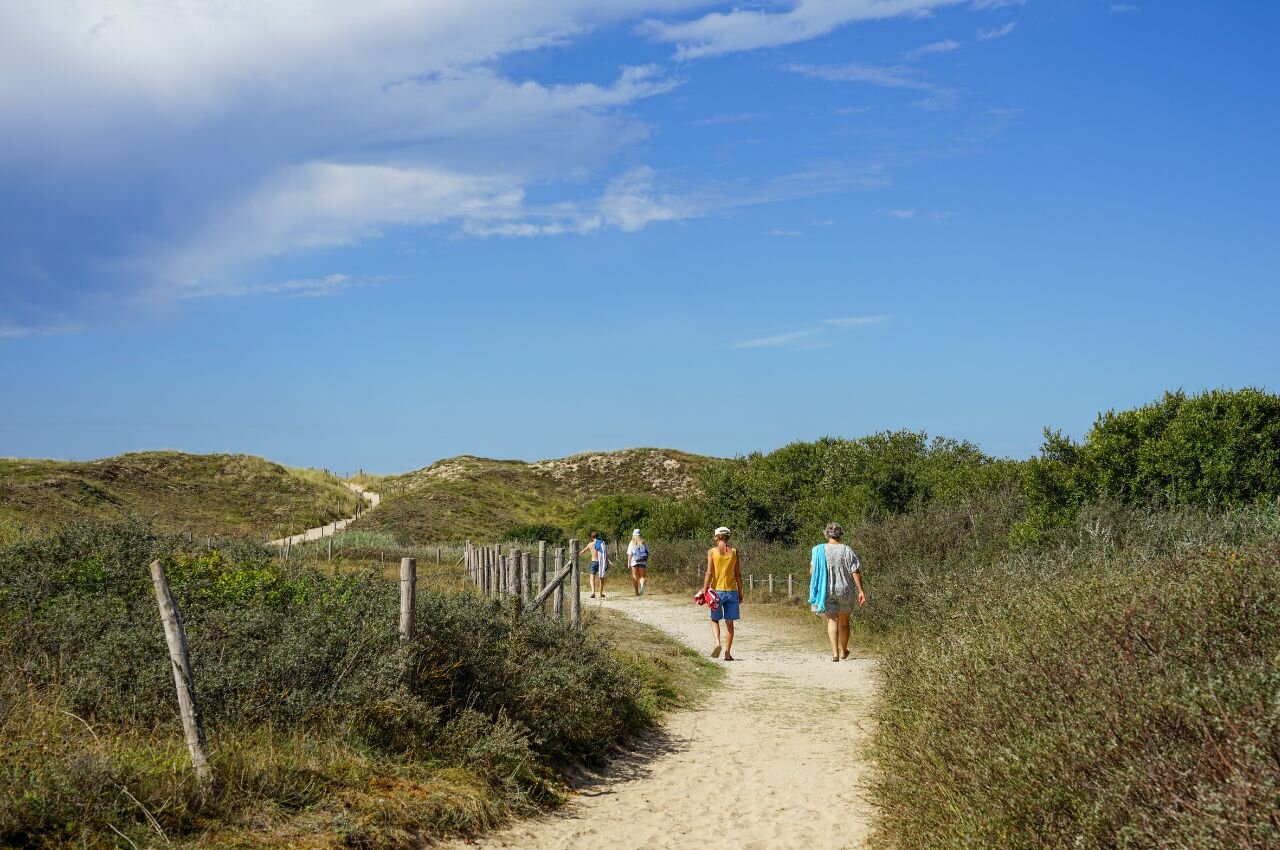 Sentier sablonneux � travers les dunes, marcheurs, camping CLICOCHIC Seuli�res Saint-Denis-d'Ol�ron.