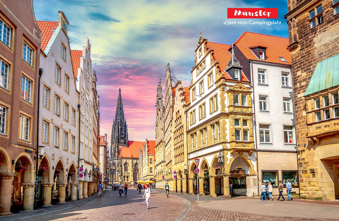 Rue historique anim�e de M�nster avec fa�ades traditionnelles et imposante �glise gothique.