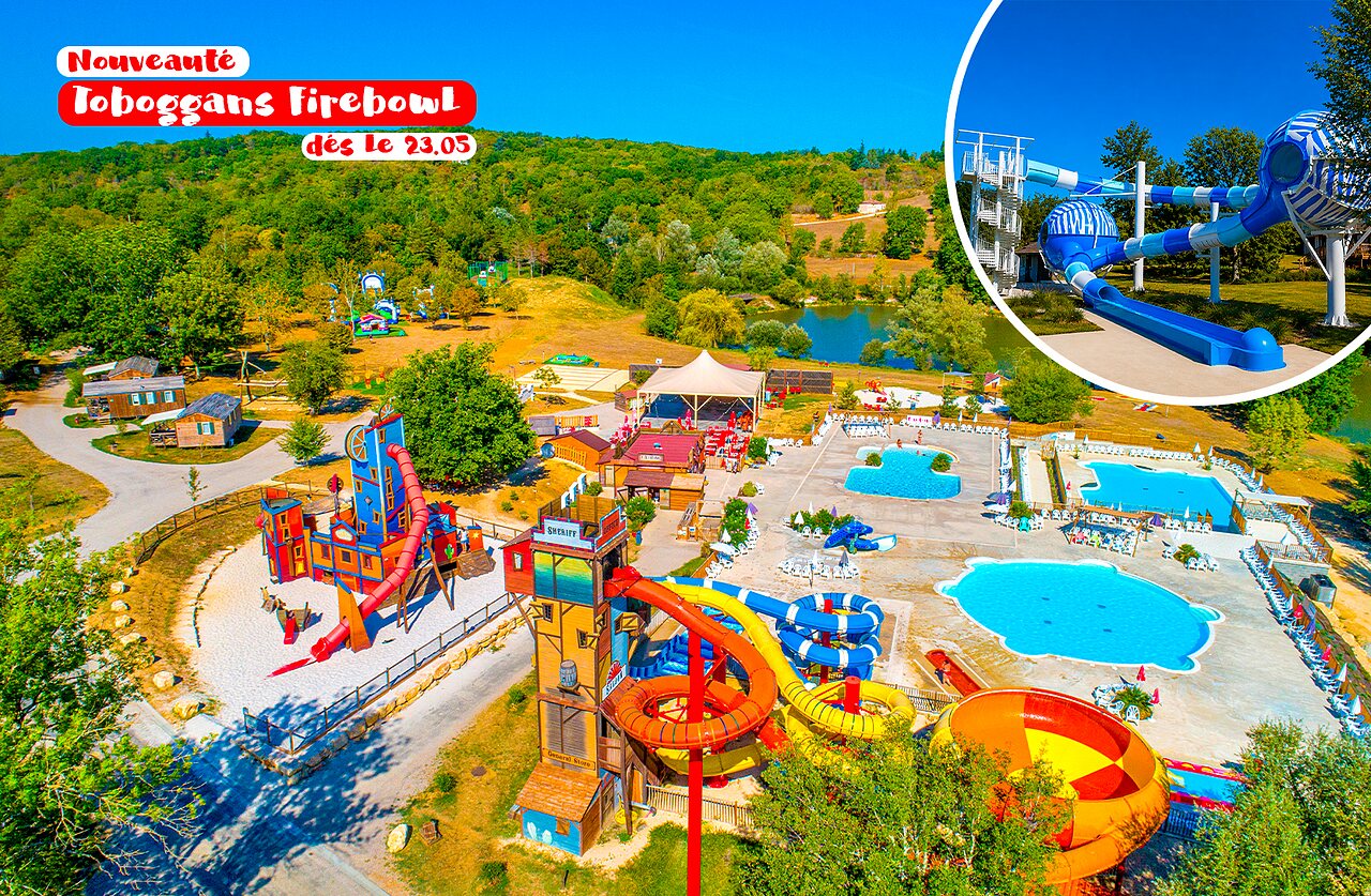Nouveaux toboggans Firebowl et piscines au camping CAPFUN Ullule � Tournon d'Agenais (47).