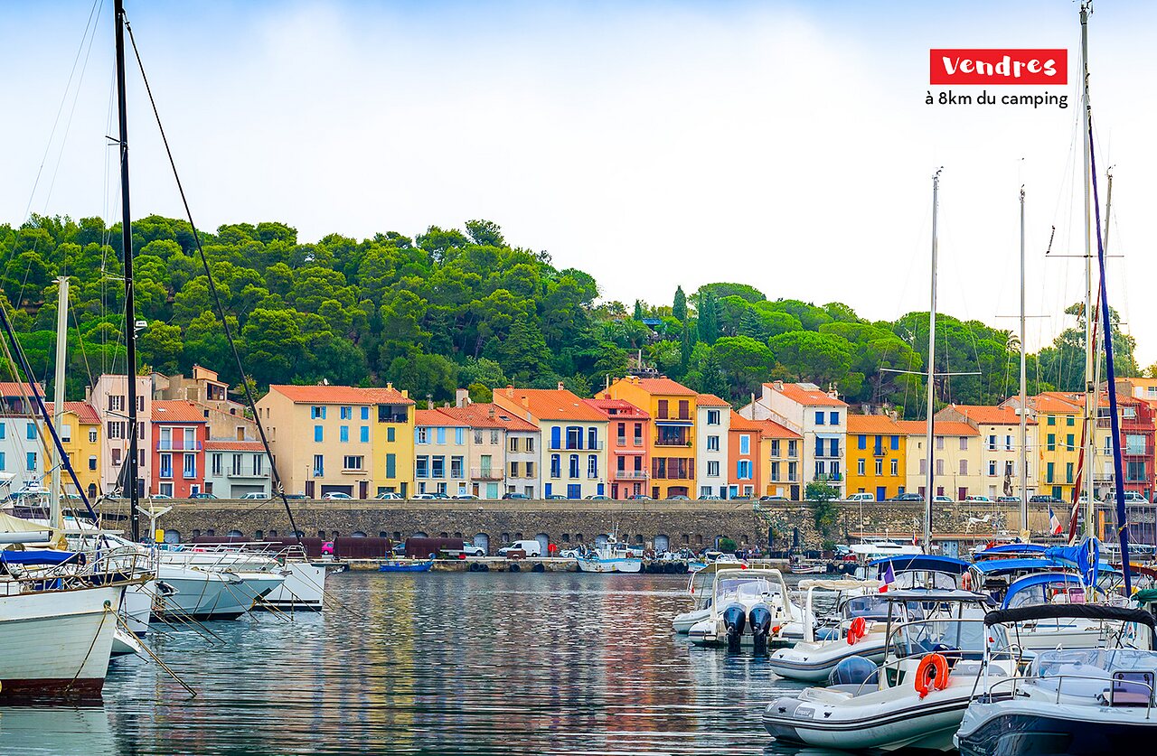 Port de Vendres avec bateaux et maisons color�es, lieu � visiter pr�s du camping.