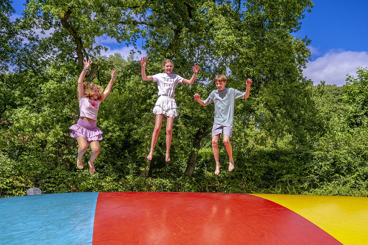 Vrolijke kinderen springen op gigantisch springkussen op camping CAPFUN het Winkel, Winterswijk.