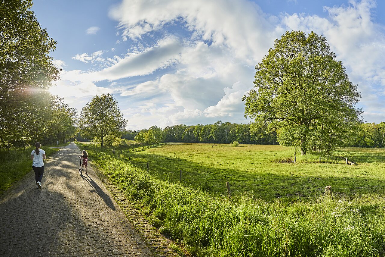 Geplaveid pad, kind op step, weelderige natuur op CAPFUN het Winkel in Winterswijk.