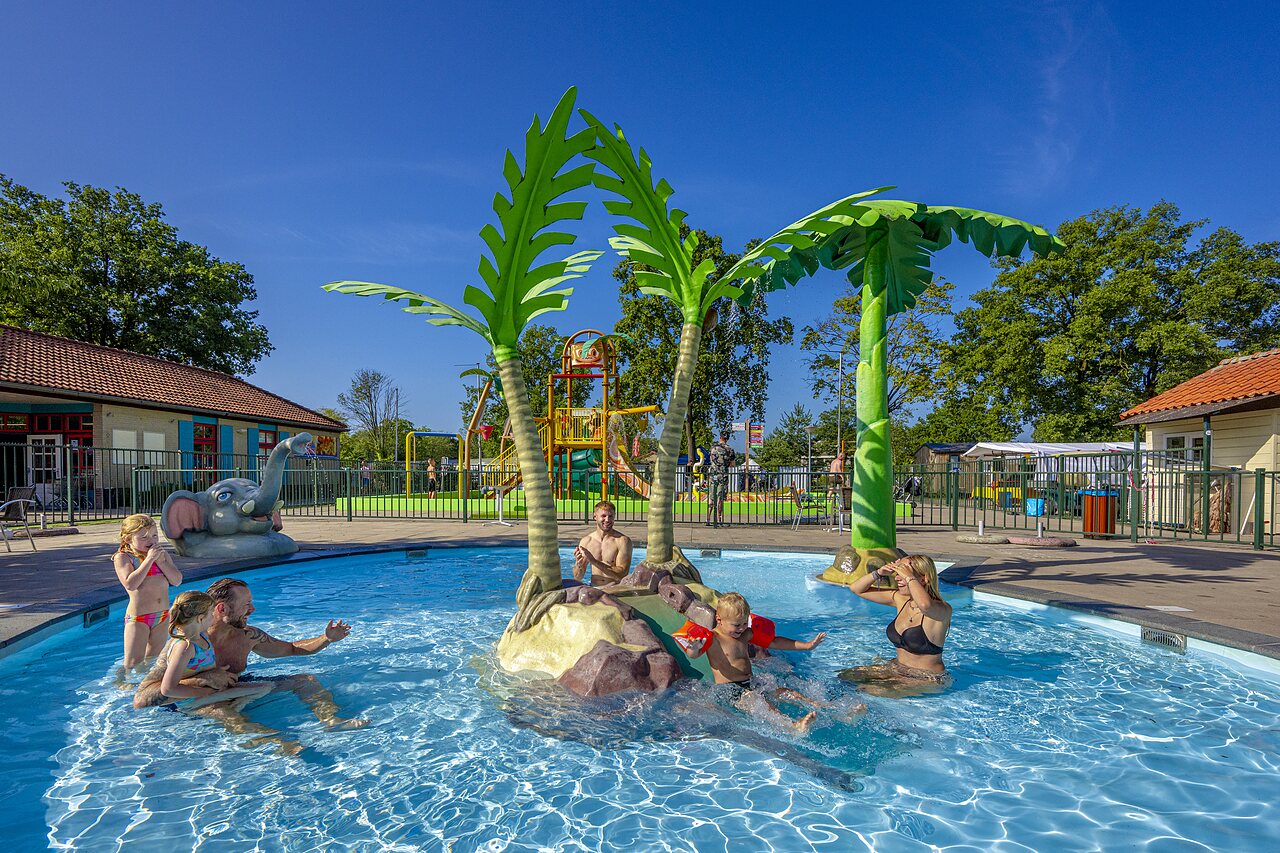 Piscine familiale avec jeux d'eau, palmiers et �l�phant au camping CAPFUN Wondermolen.